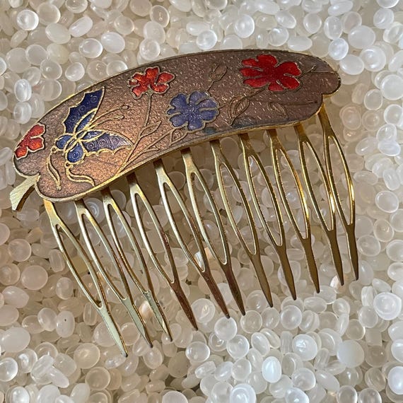 Vintage Cloisonne Hair Comb,peach Leaf , Red Flowers, Purple  display picture 2