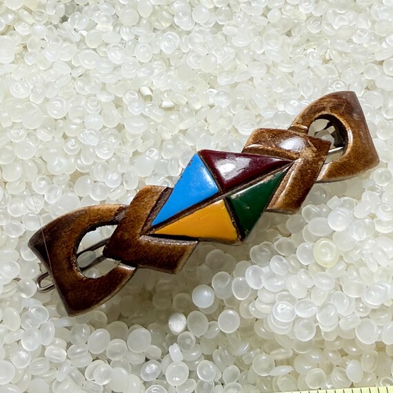wood barrette, chunky wood barrette, dark wood, hand painted , bright colors,vintage 1970s barrette,