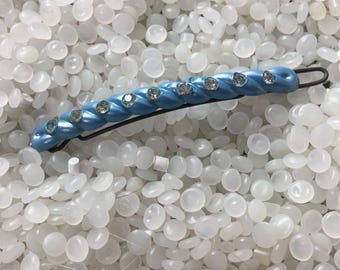 vintage barrette , blue twist with rhinestones, old barrette,