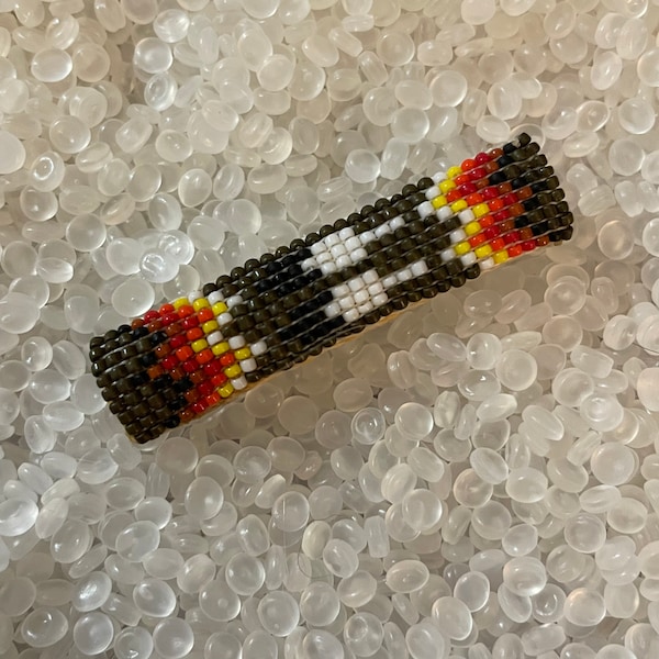 Vintage barrette ,Native American , hand beaded barrette, seed bead  barrette, black , red white