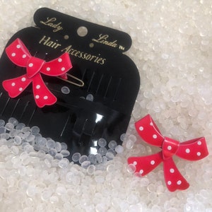 vintage barrette, enamel bows, pink  white polka  dots, bright hot pink enamel bows , NOS,  never used