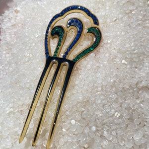 Vintage Hair Comb, sapphire and emeralds Rhinestone,back hair comb , vintage 1900s hair comb, 5 inch, horn comb, w11