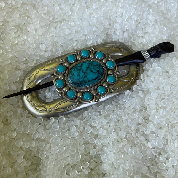vintage hair barrette , silver and turquoise bun holder, carved wood stick,