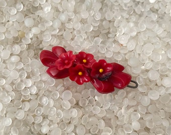 vintage barrette, red with tiny red flowers, vintage 1940s barrette,