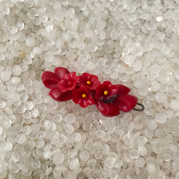 vintage barrette, red with tiny red flowers, vinta