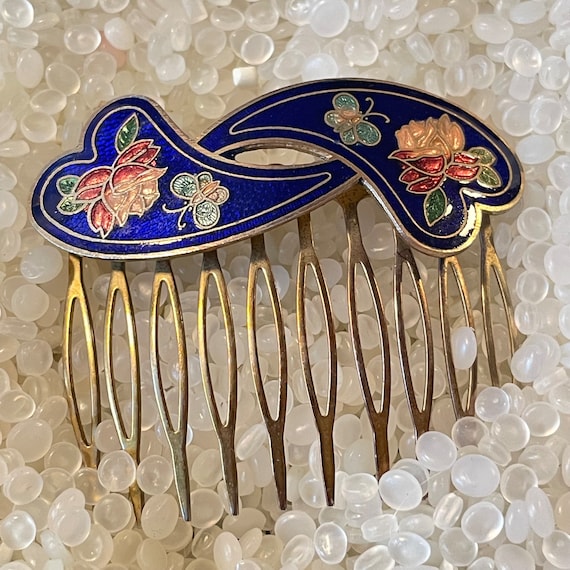 Vintage Cloisonne Hair Comb,royal blue  comb,  De… - image 1