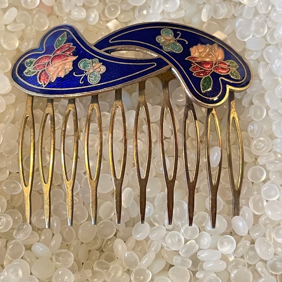 Vintage Cloisonne Hair Comb,royal blue  comb,  De… - image 4