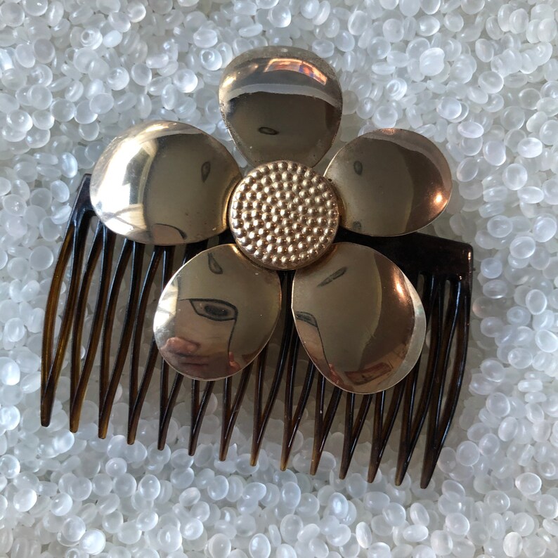Vintage hair barrette gold tone pressed metal flower Etsy