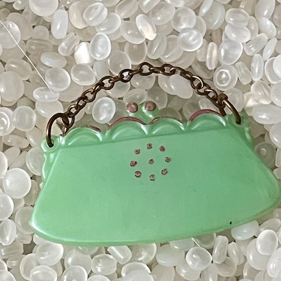 vintage hair barrette,  little green clutch purse,