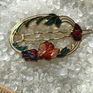 vintage hair barrette , Enamel cloisonne Barrette, Ivory, pink  and coral floral,011