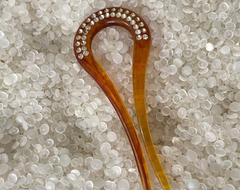 Vintage Faux Tortoise Hair Fork Stick with Rhinestone Accents Antique Faux Tortoise Twisted & Clear Rhinestone Hair Pick  main image 2