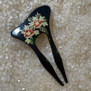 Vintage hair pick, Vintage Hair STICK , black with flowers transfers,Hair Pin/Stick/Fork,I09