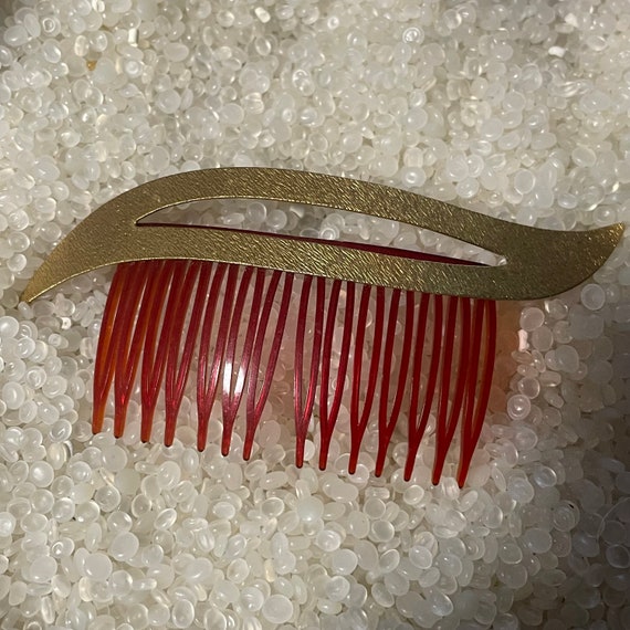 vintage hair comb, etched muted gold tone,plastic 