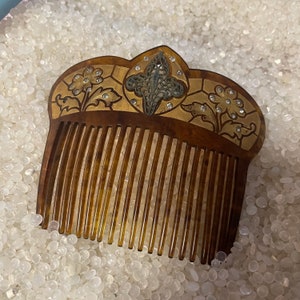 Vintage, antique hair comb, 18k gold painted Art Deco design, embedded rhinestone