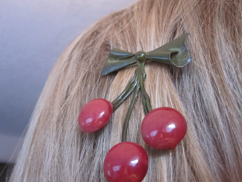 rock-a-billy hairstyles vintage hair barrette vintage cherries red with green bow and stems