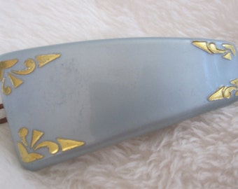 vintage barrette, Blue glossy with embossed gold