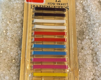 vintage hair barrettes,  original package ,  1975 barrettes,Goody barrettes,   NOS, narrow, slender barrettes , set of 6,  bright colors