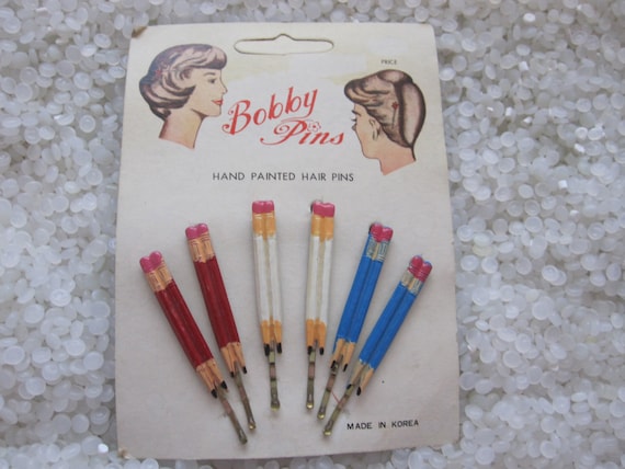 vintage bobby pins, one set only you pick color, double pencil vintage 1960s, red pencil, blue  pencil,