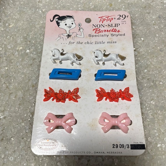 vintage barrettes, 1940s ,matching sets, very rare ,children barrettes, soft pink , red , white and blue, still on store card,