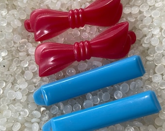 vintage  barrette plastic childs barrettes, red  bows  barrette, blue bars  , larger size,