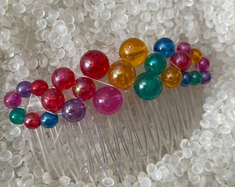 Vintage comb , colorful balls , vintage,  vintage 1980s beaded combs, clear beads , bright beads, w