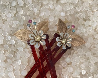 Vintage Faux Tortoise Hair Fork Stick with Rhinestone Accents Antique Faux Tortoise Twisted & Clear Rhinestone Hair Pick  main image 3