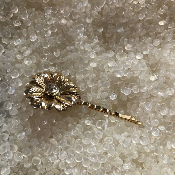 Vintage  bobby pin barrette, gold  flower,rhinest… - image 1