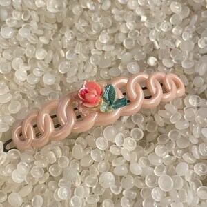 vintage barrette ,  pink circles, with rosebud Cabochon, vintage 1950s barrette, A1