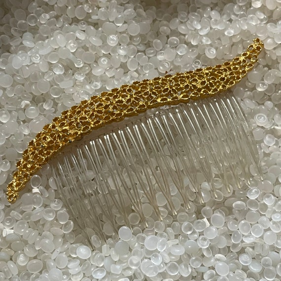 vintage hair comb, etched muted gold tone,plastic… - image 1