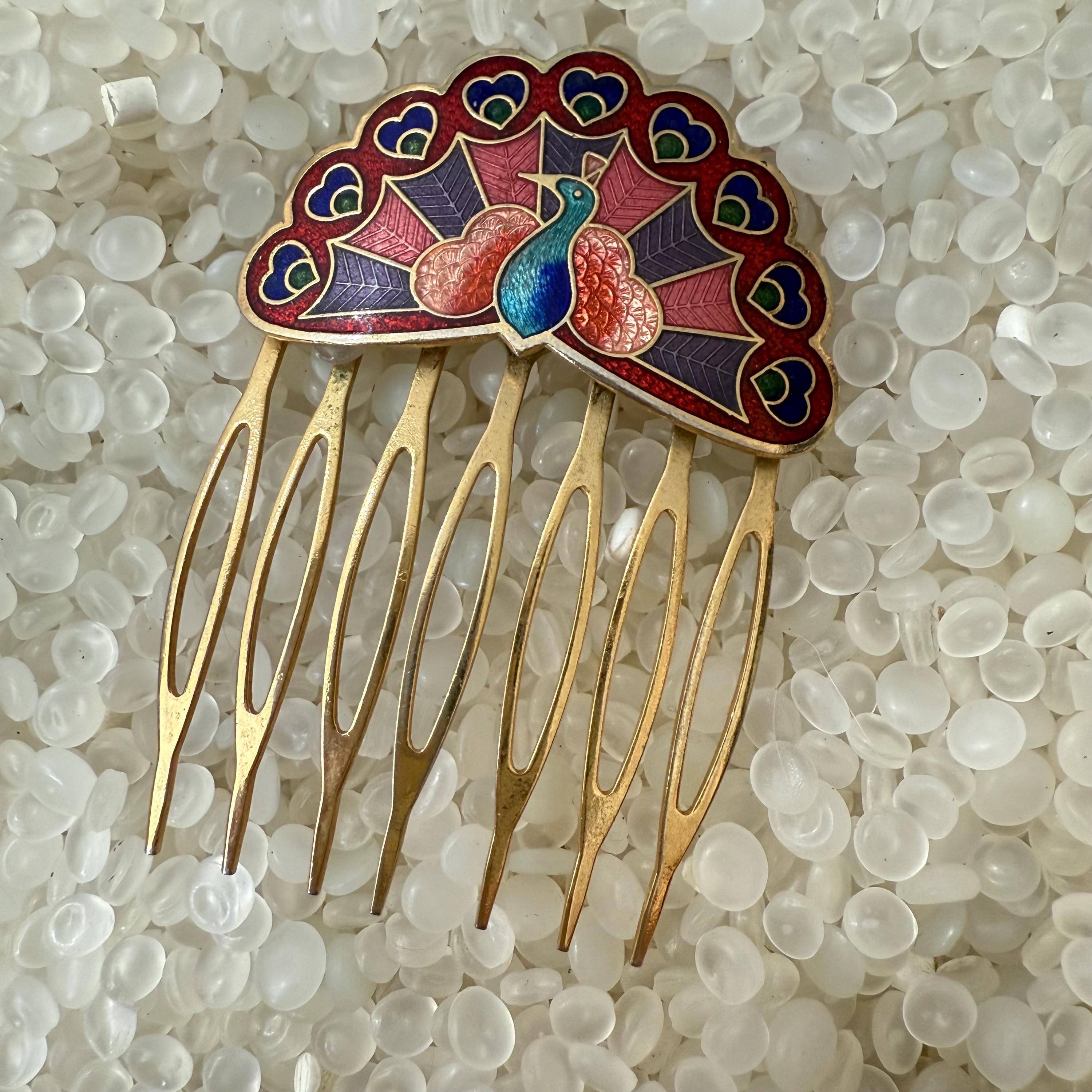 Art deco celluloid hair comb gold painted decoration GS505 Art Deco Celluloid Hair Comb Teal Blue Sapphire Rhinestones  main image 2