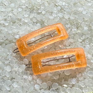 vintage barrette, clear orange barrettes, open rectangle shape, vintage 1990s hair accessories, subtle glitter, ll4
