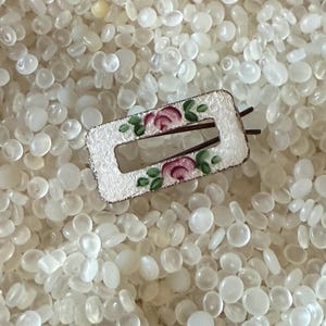 vintage hair barrette , Enamel Guilloche Barrette,  soft ivory with roses, at5