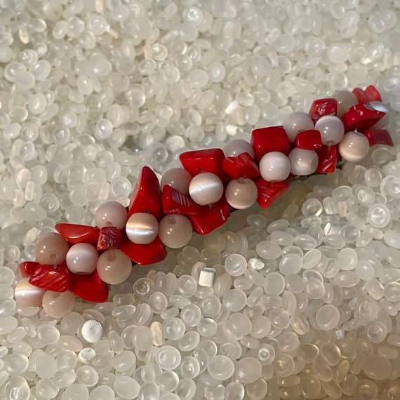 vintage barrette, red and white  barrette, beaded 