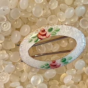 vintage hair barrette , Enamel Guilloche Barrette soft ivory with roses, h4