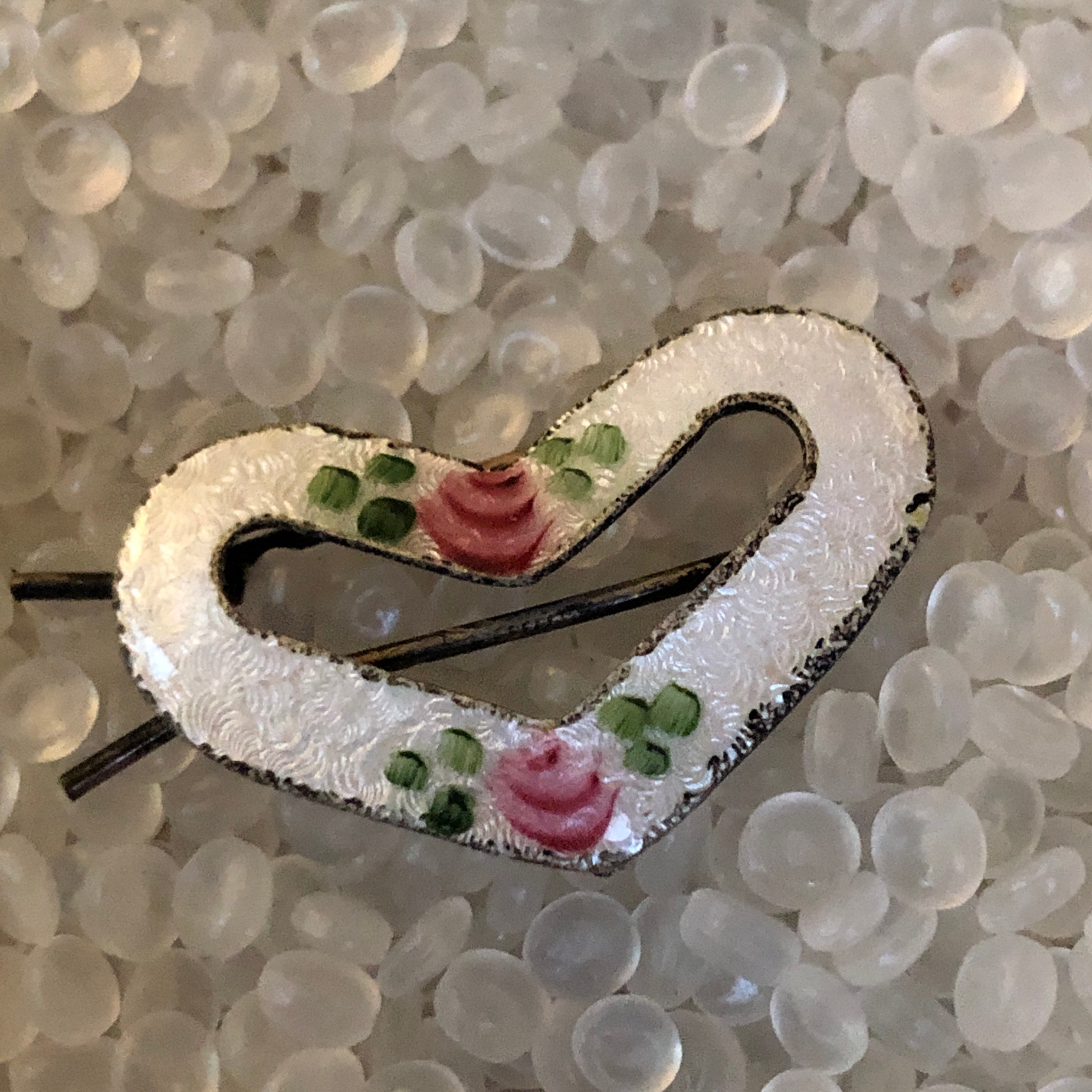 Vintage Guilloche Rose Barrettes 1928 Jewelry Porcelain Rose Filigree Hair Barrette| Rose Jewelry main image 3