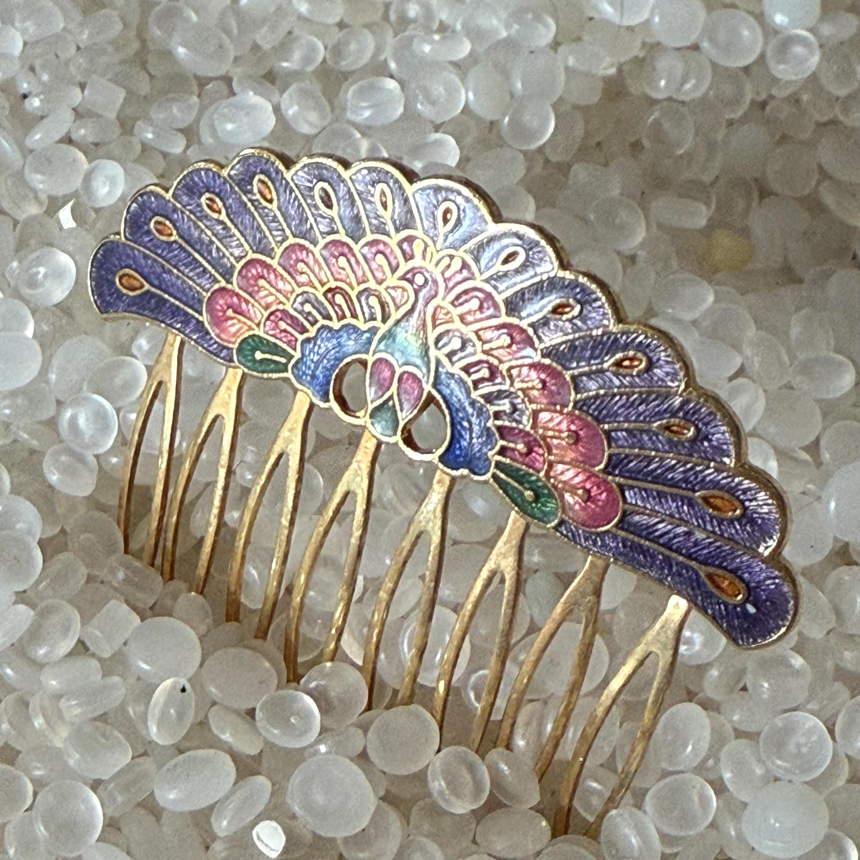 Vintage Peacock Cloisonné Hair Combs Vintage Cloisonne Hair Comb, Vintage Enamel Hair Comb  main image 3