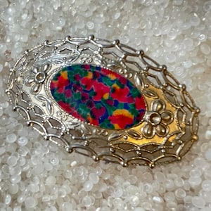vintage barrette, molded metal hair barrette,floral cabochon, ornate barrette, fancy barrette,hs41