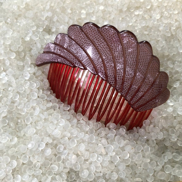 vintage comb , pink snake skin look, unique shape, large scalloped fan shape