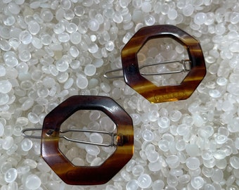 vintage hair barrettes open hexagon , tortoiseshell color, matching pair,