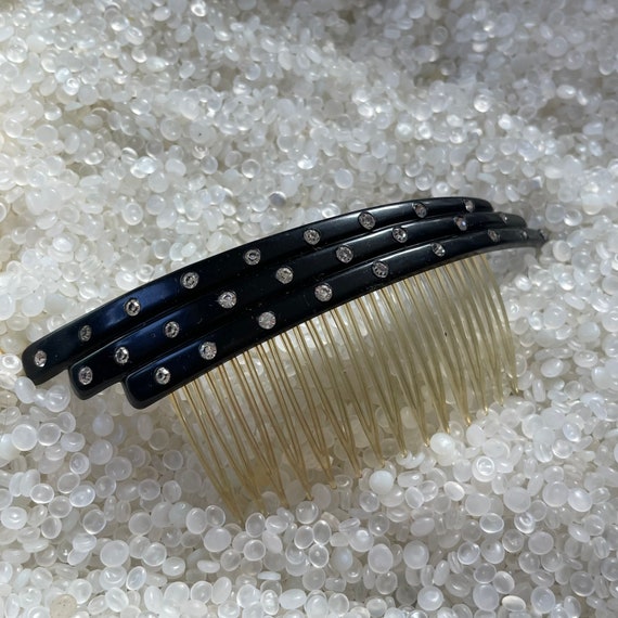 vintage hair comb, Black with rhinestones, vintag… - image 1