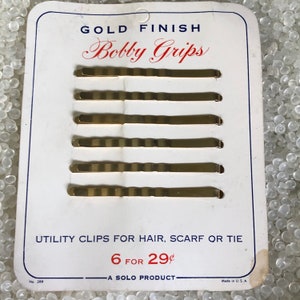 vintage   hair pins, set of 6  , bobby pins, gold finish  Bobby grips , vintage Solo  Made in USA
