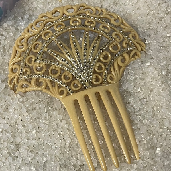 Antique mantilla comb, ivory color celluloid , fan shape hair comb, rhinestone comb, 1900-1910 era