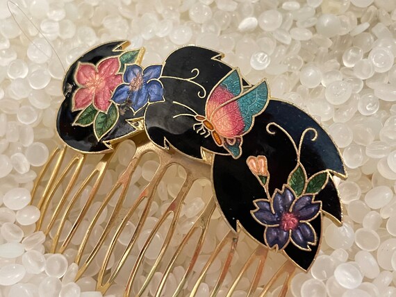 Lovely Vintage Cloisonne Hair Comb butterfly  Dec… - image 4