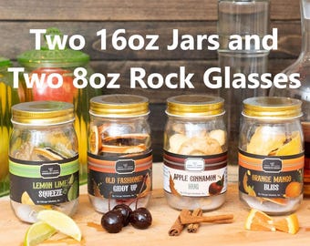 Full DIY Cocktail Instant Infusion Kit, Complete w/ 2 Instant Infusion Mason Jars, 2 Rocks Glasses, Large Party Favors, Alcohol Themed Gift