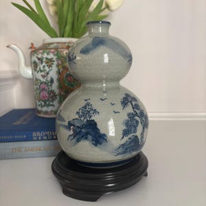 antique Japanese double gourd vase - blue / gray