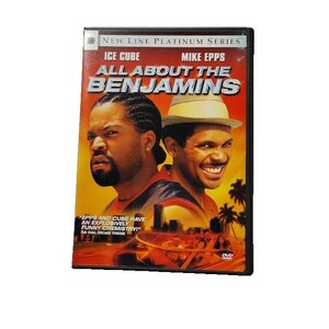 May include: DVD case for the movie "All About the Benjamins" featuring Ice Cube and Mike Epps. The cover is predominantly red and yellow, with the film's title and actors' names prominently displayed. The DVD case is black.