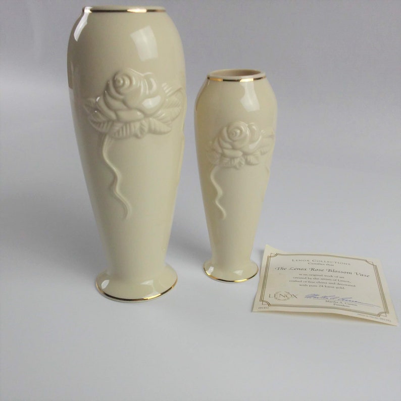 Lenox Rose Blossom China Vases Set 2 Matching with 24K Gold Trim Handcrafted Vintage