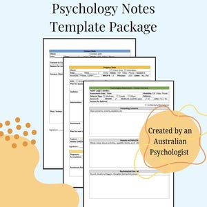 Könnte beinhalten: Ein Satz von drei druckbaren Psychologie-Notizvorlagen. Die Vorlagen sind für die Verwendung durch australische Psychologen konzipiert und beinhalten Abschnitte für Klienteninformationen, Fortschrittsnotizen, psychologische Beurteilung, aktuelle Anliegen, Auswirkungen auf das tägliche Leben und ein psychologisches Konzept.
