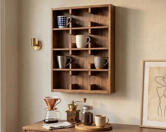 Wooden Wall Mounted Coffee Mug Rack: Beech Wood Cup Shelf for Coffee Bar Decor
