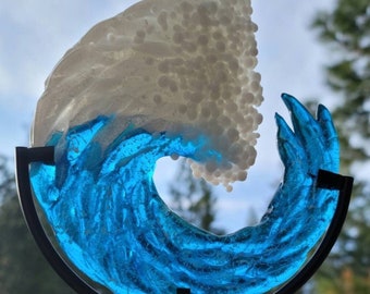 NEW 3D Ocean Wave Cremation Ashes InFused Glass Sculpture Memorial Urn 6 inch Table Display